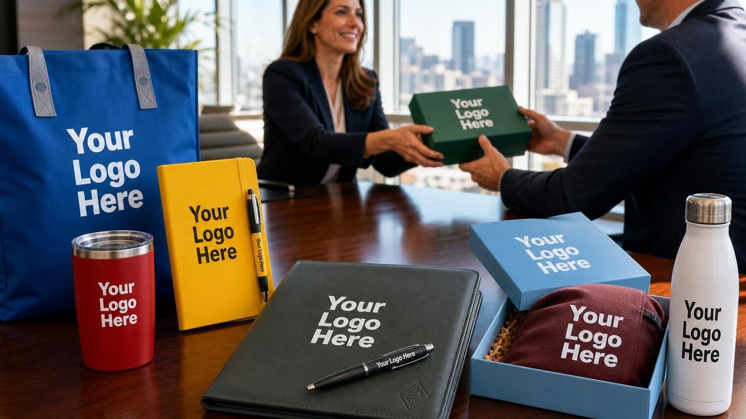 A charcoal grey leather portfolio and matte black metal pen sit on a polished boardroom table during an investor meeting.