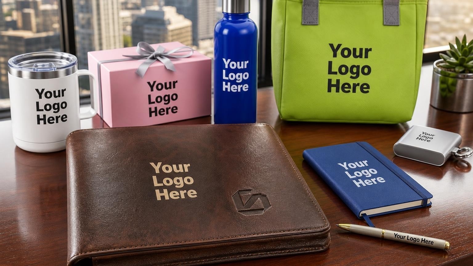 A high-end debossed leather portfolio on a mahogany desk in a private equity office overlooking a city skyline.