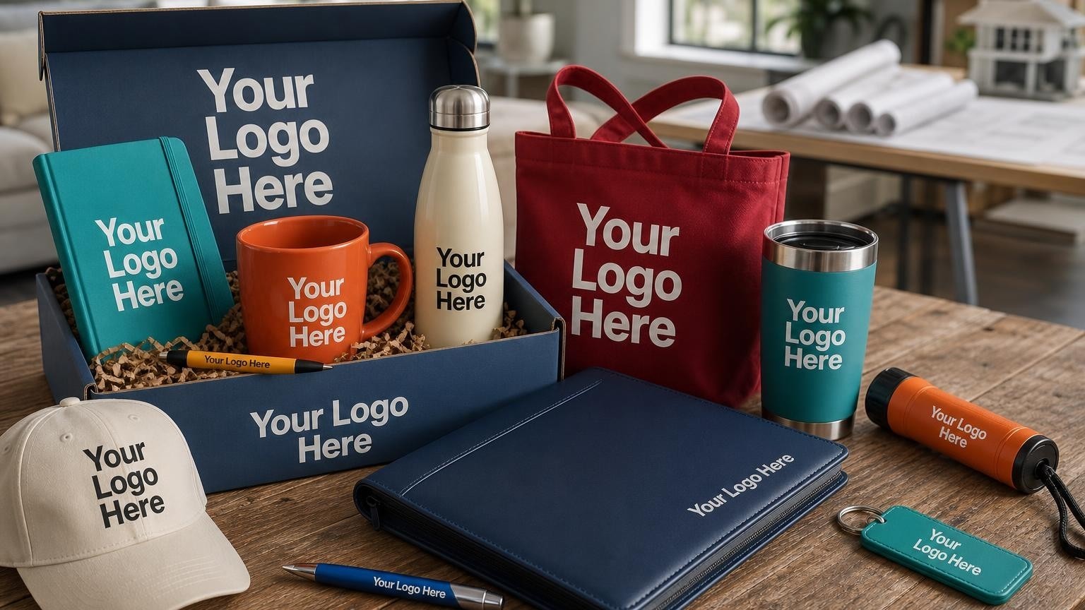 A professional leatherette zippered portfolio, matte black insulated tumbler, and pocket flashlight on a wooden table in a brightly lit model home sales office.
