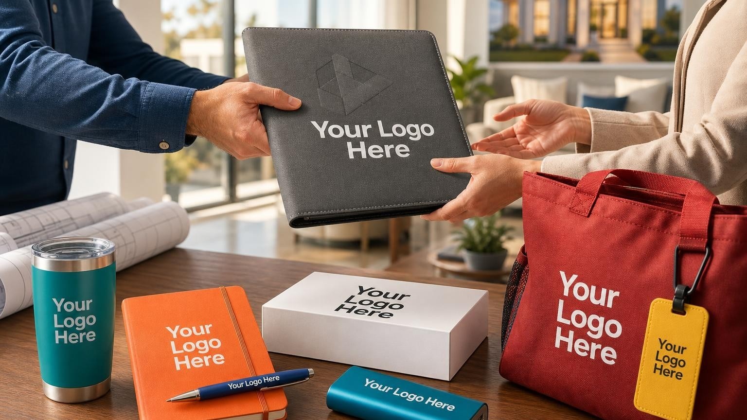 A custom-branded dark gray portfolio and professional metal pen resting on a wooden desk inside a bright real estate sales office.