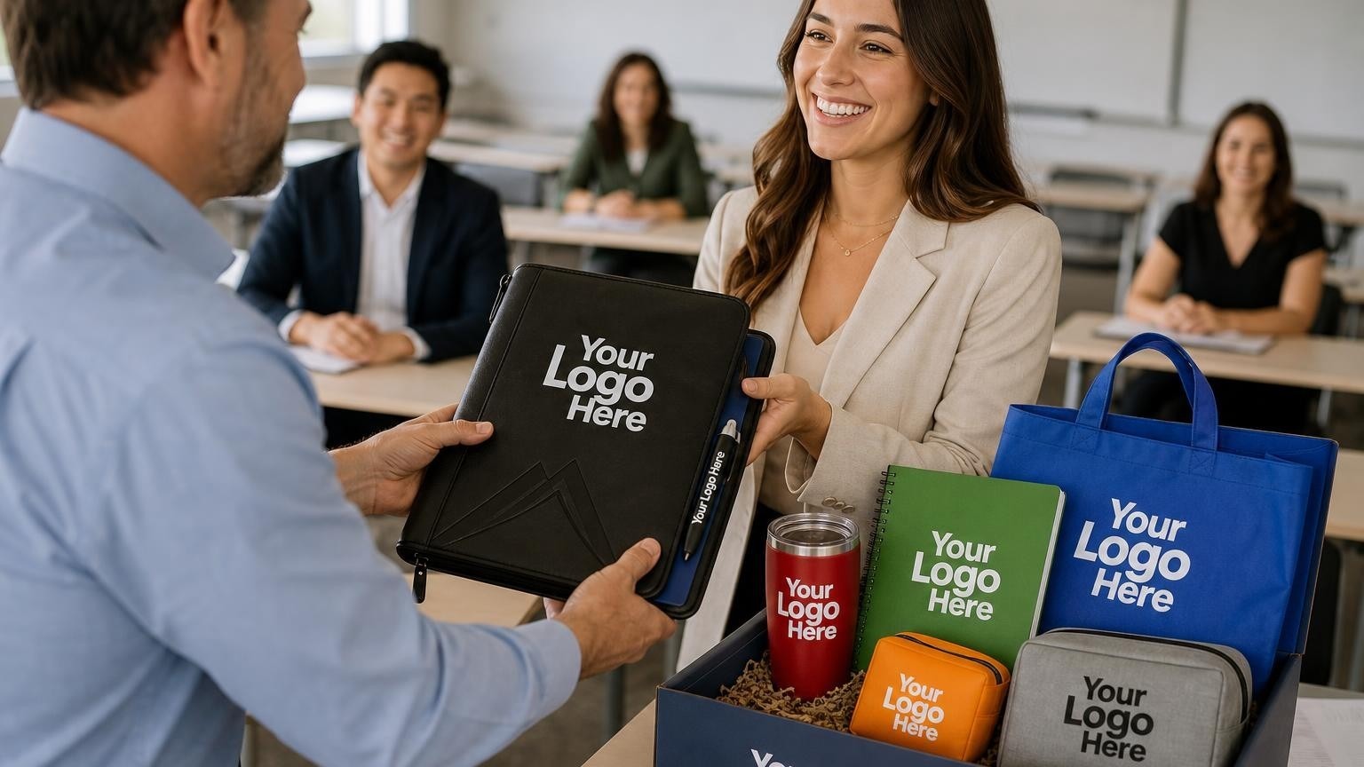 A professional leather padfolio being handed to a real estate school graduate in a classroom setting.