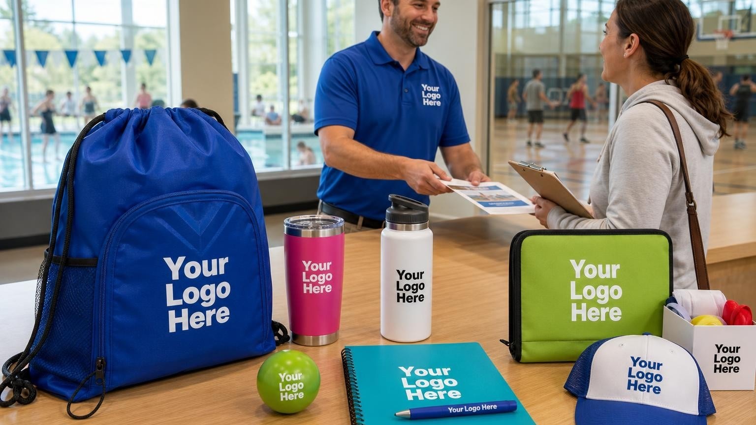A durable custom blue drawstring sports bag on a recreation center lobby counter with a swimming pool and basketball court blurred in the background.