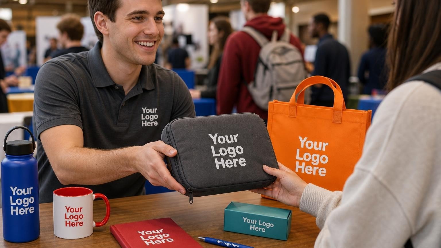 A recruiter handing a custom debossed tech pouch to a candidate at a professional career fair booth.