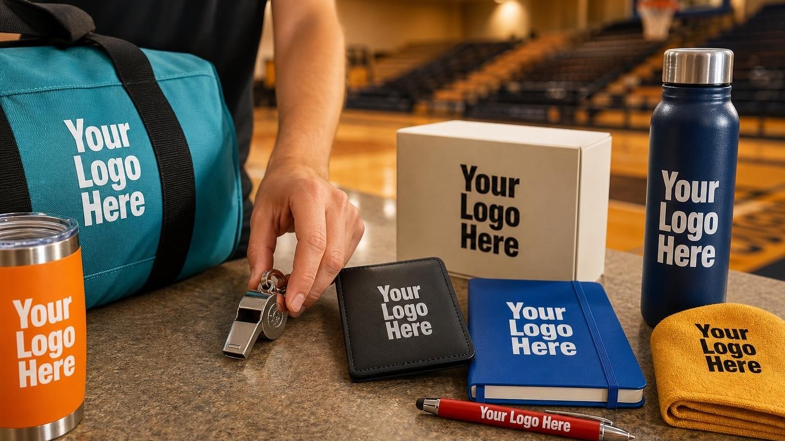 A high-grade metal whistle and black vinyl game card holder resting on a polished wooden basketball court floor with warm gymnasium lighting in the background.