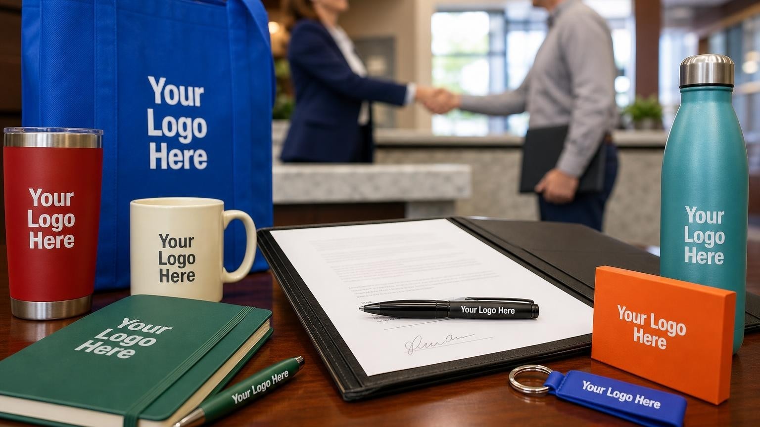 A professional custom metal pen resting on a signed commercial loan document inside a regional bank branch platform desk.