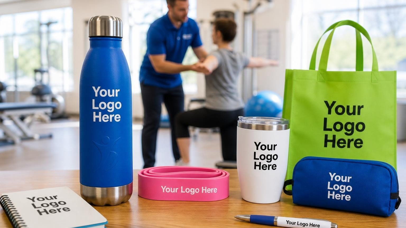 A custom sports water bottle sitting on a counter in a physical therapy clinic gym with a therapist and patient in the background.