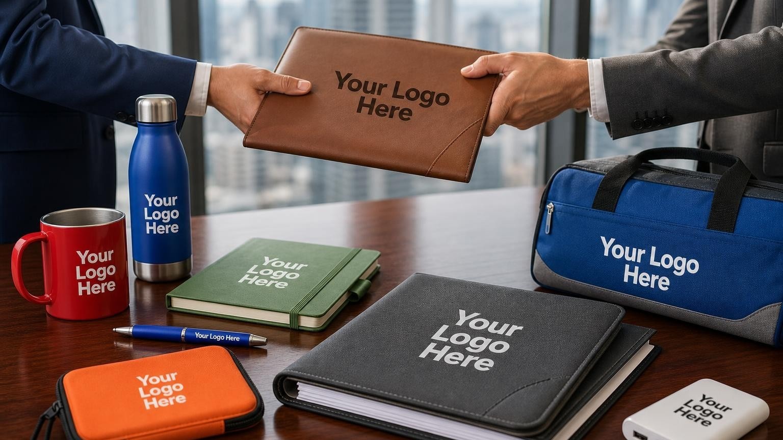 A custom debossed leather portfolio and engraved metal pen on a boardroom table, representing high-stakes reinsurance treaty negotiations.