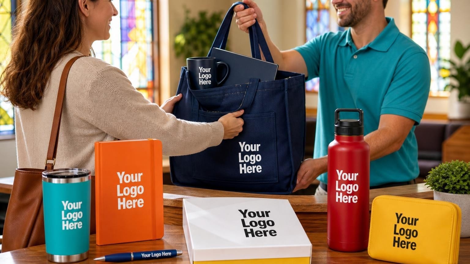 A custom welcome tote bag containing a ceramic mug being handed to a visitor at a church welcome desk.
