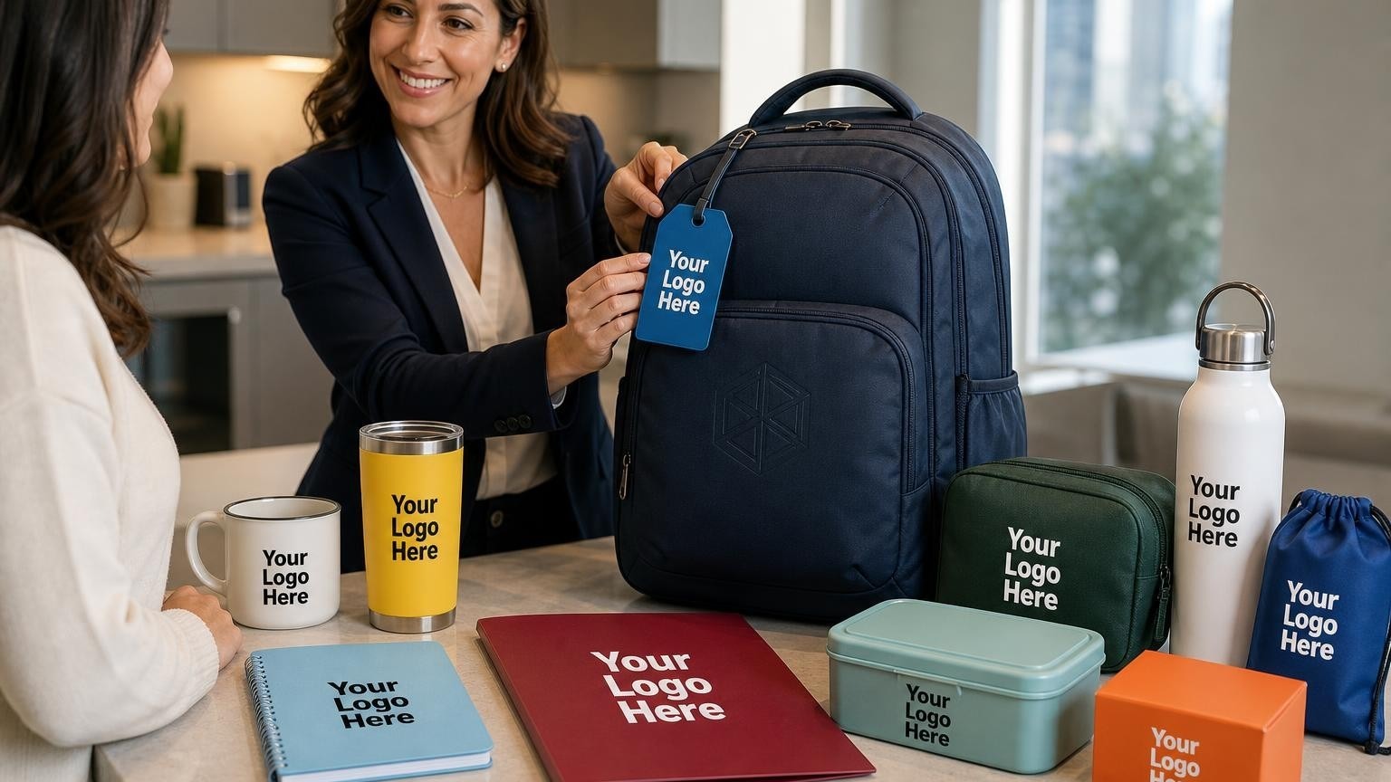 A custom navy blue backpack and welcome folder staged on a kitchen counter in a corporate apartment, ready for a transferee's arrival.