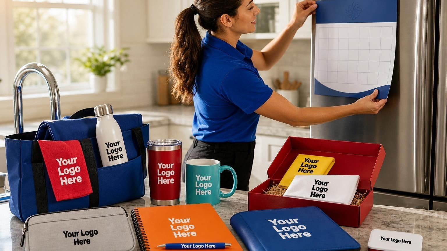 A custom magnetic cleaning calendar placed neatly on a stainless steel refrigerator door in a bright modern kitchen, highlighting professional leave-behind strategies for cleaning contractors.