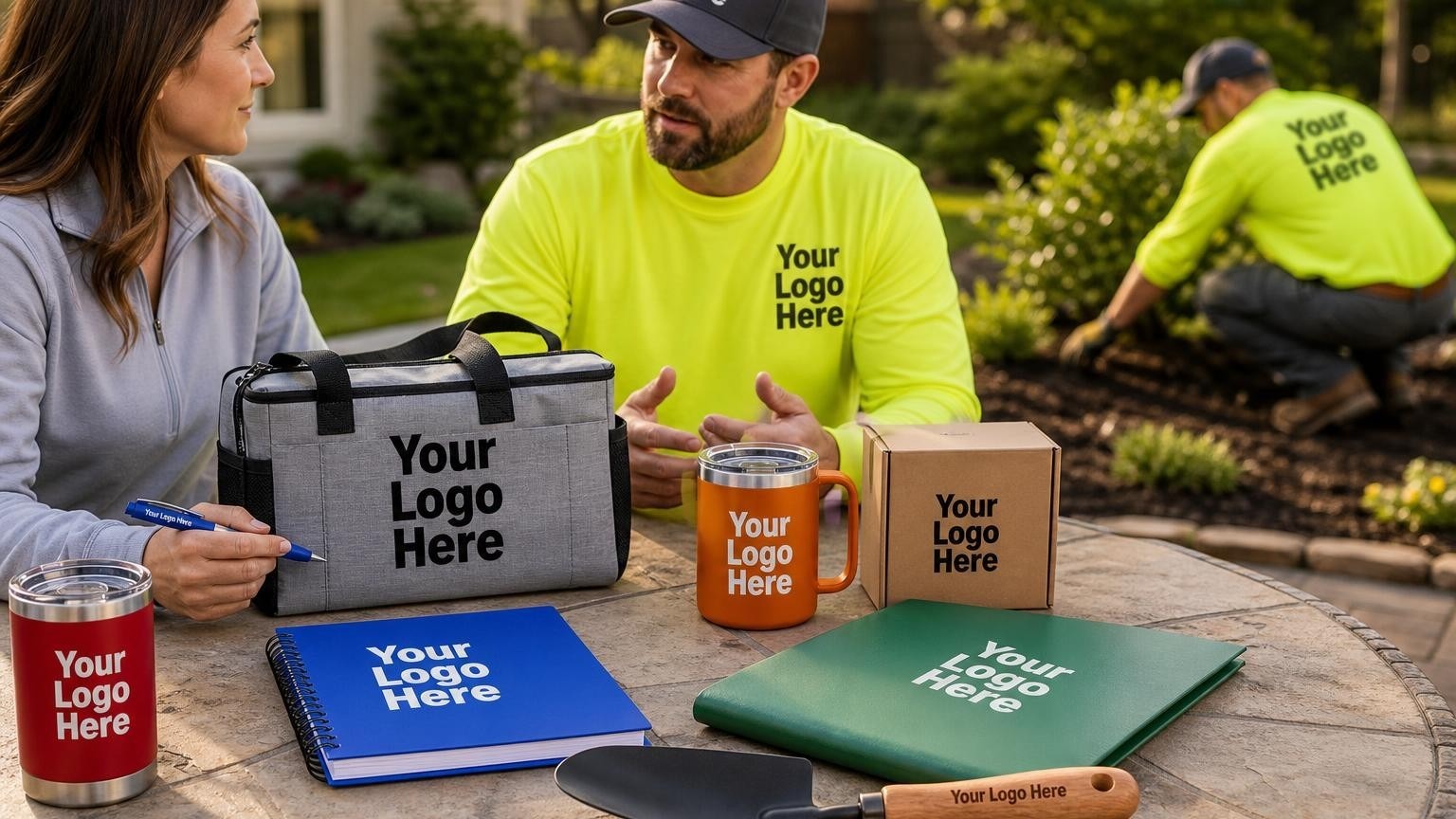 A custom garden trowel and welcome folder on a patio table with a professional landscaping crew member working in the background.
