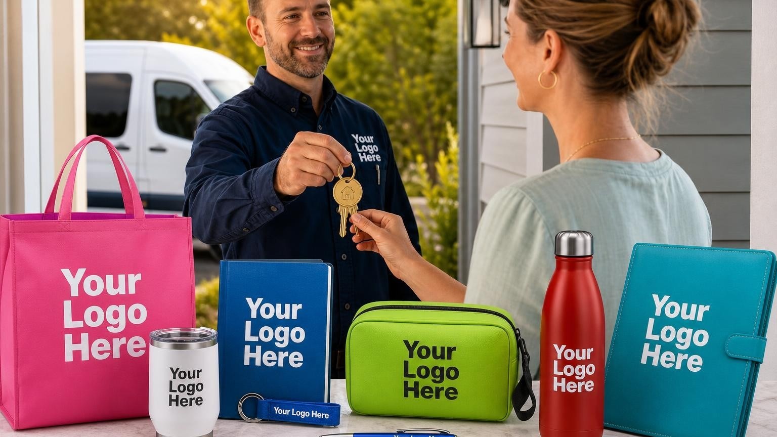 A professional locksmith handing a custom brass key ring with new keys to a homeowner on their front porch.