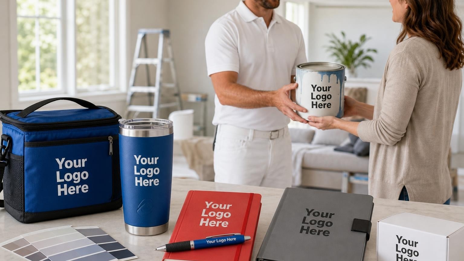 A custom insulated travel mug and paint color swatch card on a kitchen counter during a final walkthrough with a painting contractor.