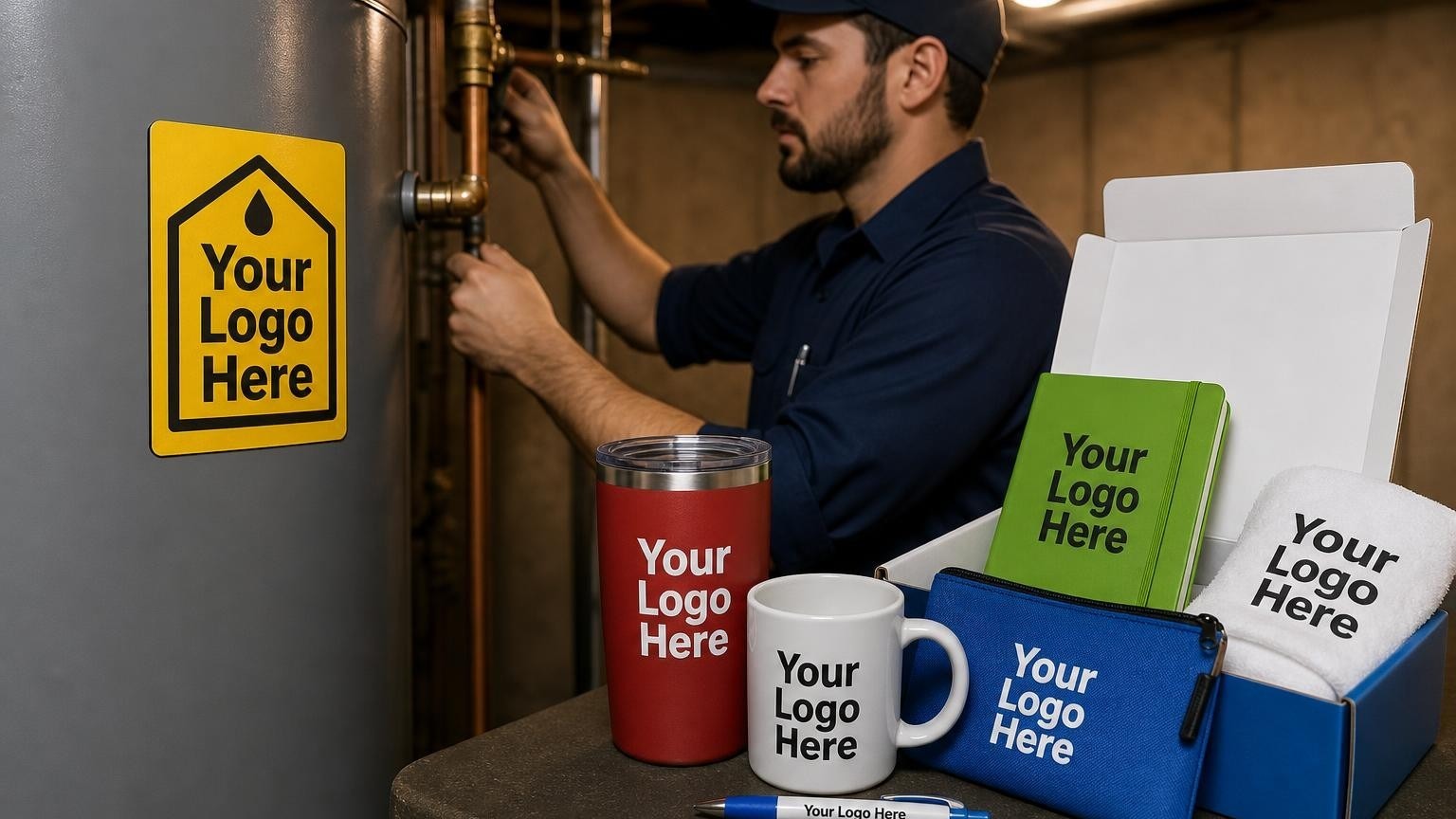 A heavy-duty magnetic service card placed on a residential water heater tank in a basement utility room.