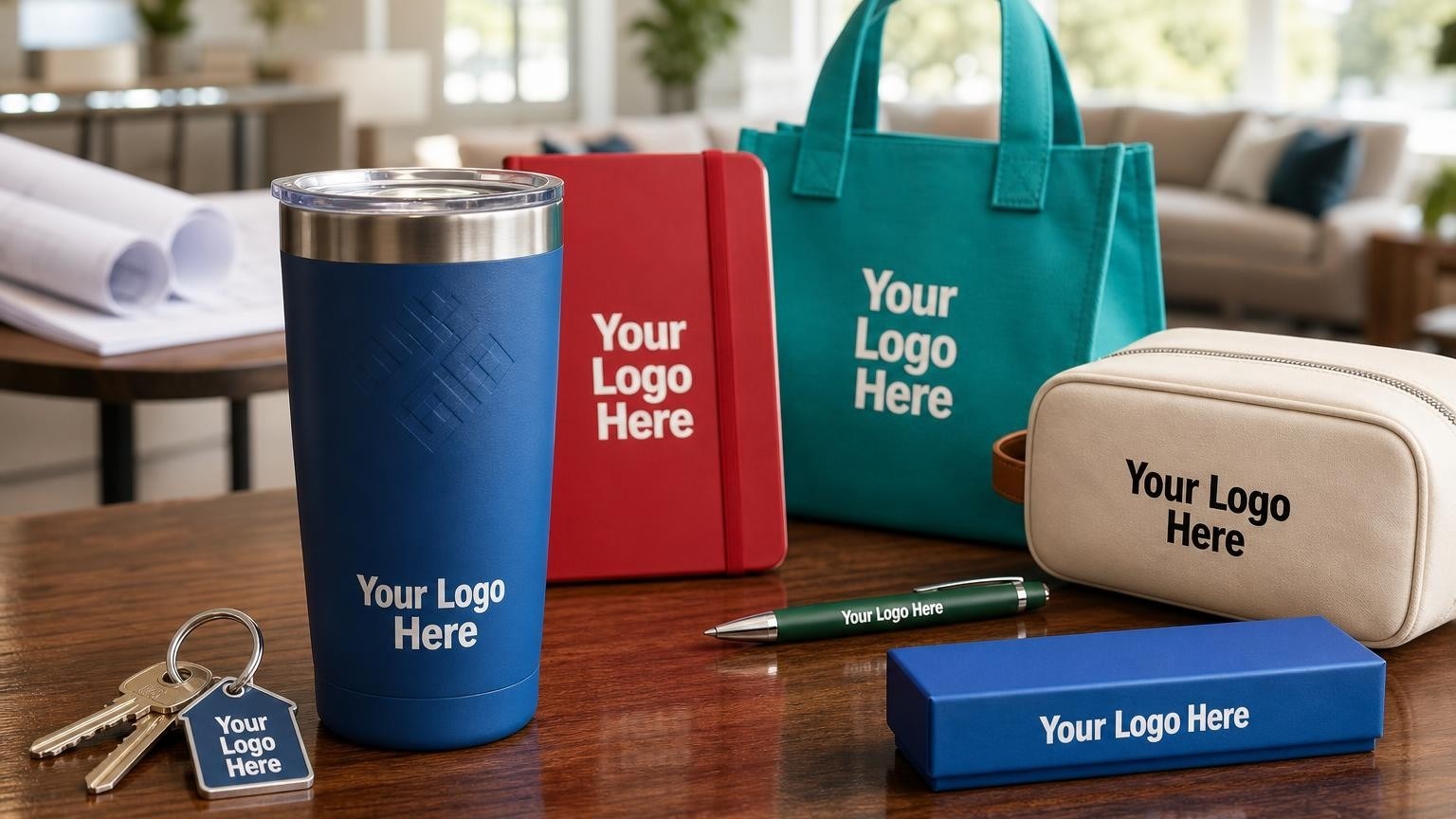 A high-quality custom insulated tumbler sitting next to house keys on a polished wooden table in a bright real estate office.