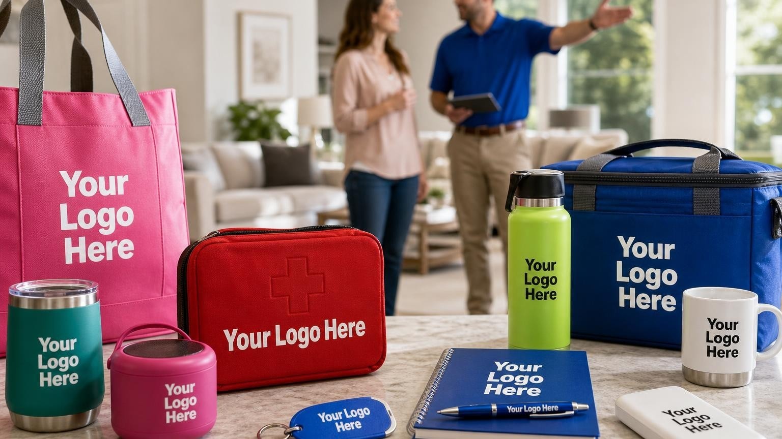 A custom first aid kit and emergency refrigerator magnet on a kitchen counter, with a professional restoration technician and homeowner in the background.