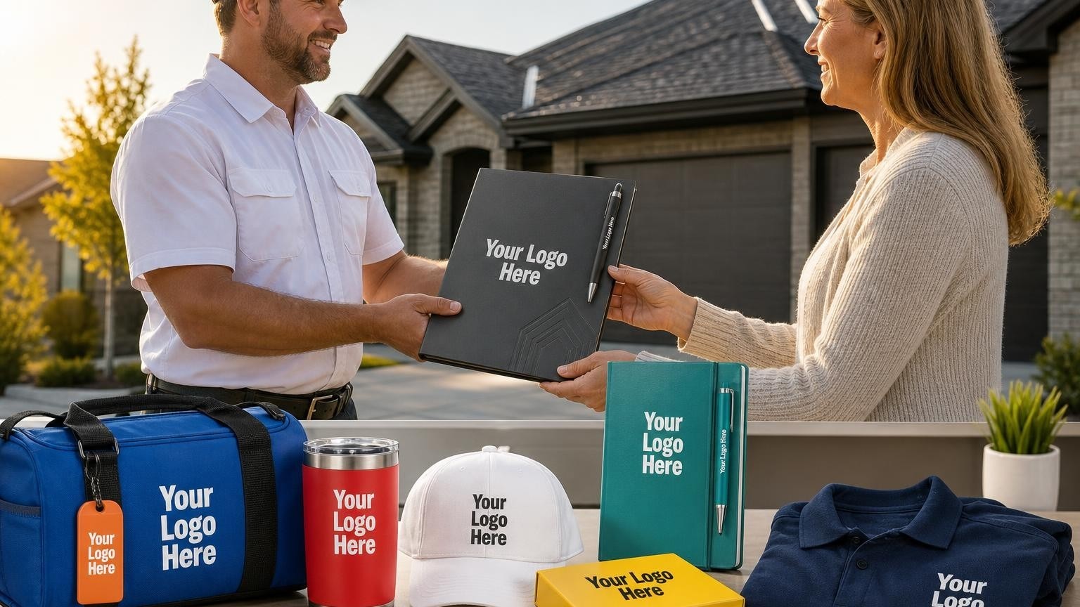 A roofing project manager hands a heavy-duty document folder containing a warranty packet and a custom metal pen to a homeowner in a driveway, with a newly completed roof in the background.