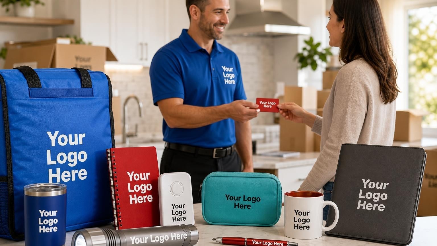 A professional security technician handing a custom safety welcome kit to a homeowner in a new home.