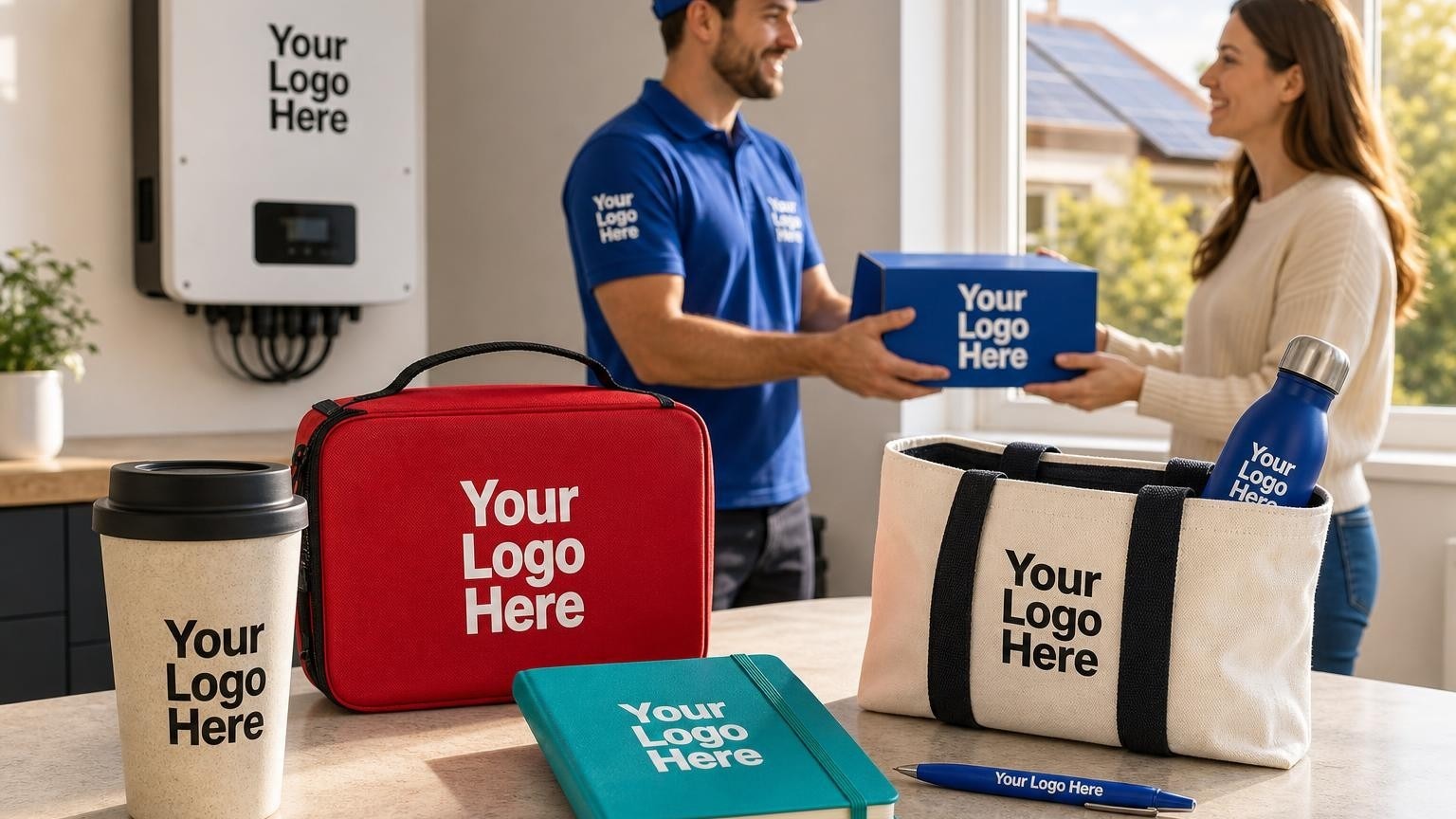 A high-quality bamboo travel mug and welcome folder on a kitchen counter, with a solar installation foreman handing a welcome kit to a homeowner in the background.
