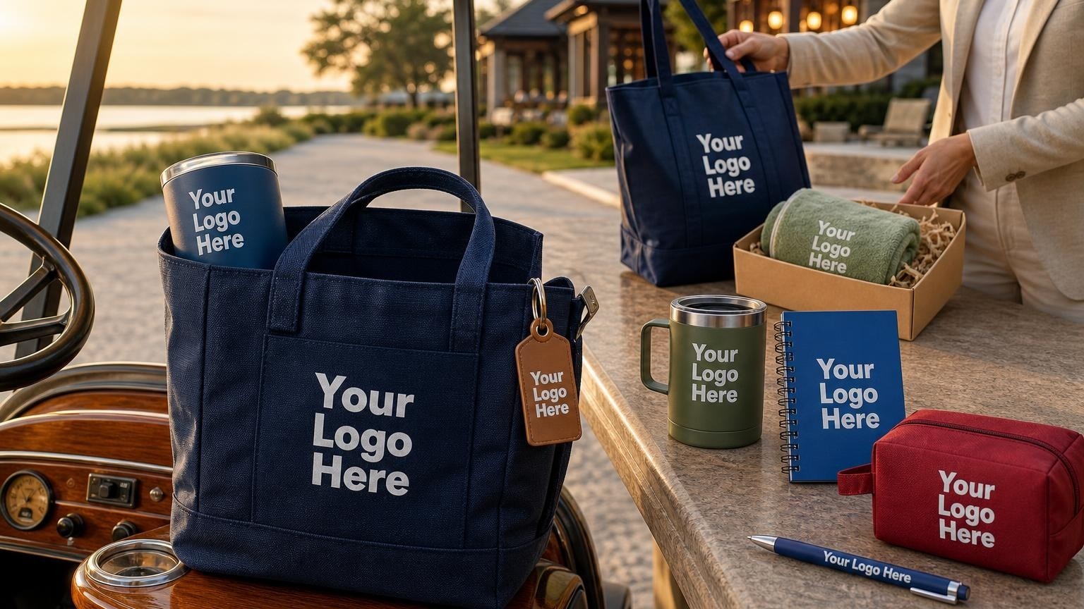 A high-end canvas welcome tote bag with a subtle debossed emblem sitting on the dashboard of a custom golf cart at a luxury lakeside resort.