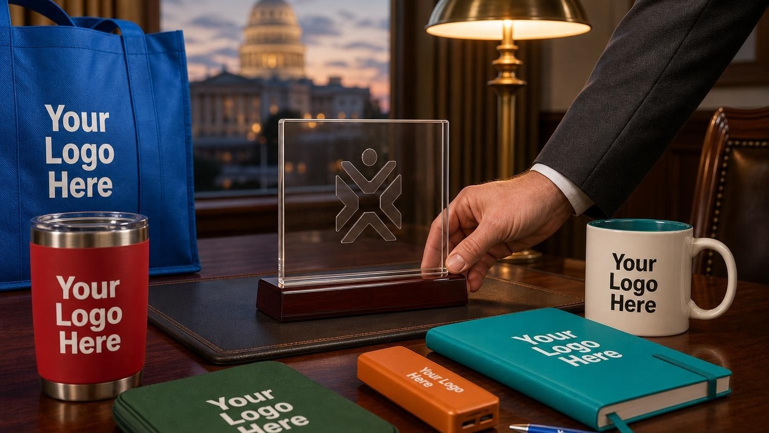 A custom acrylic award plaque on a mahogany desk in a state capitol office, with a blurred capitol dome visible through the window.