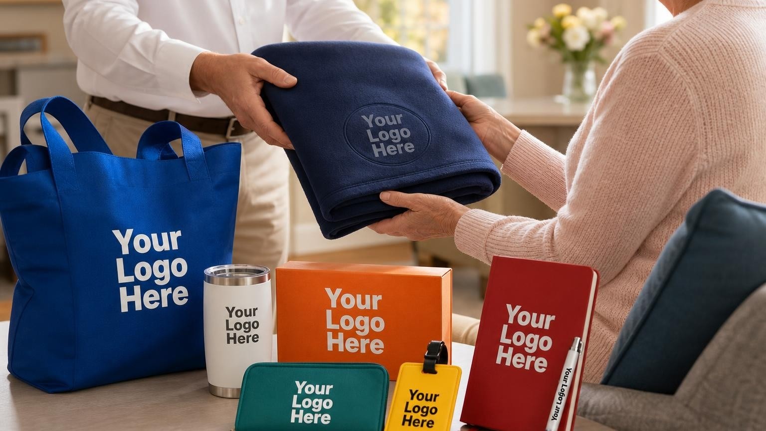 A premium navy fleece blanket with a subtle custom imprint resting on an armchair in a bright senior living apartment, with a welcome portfolio and tumbler in the background.