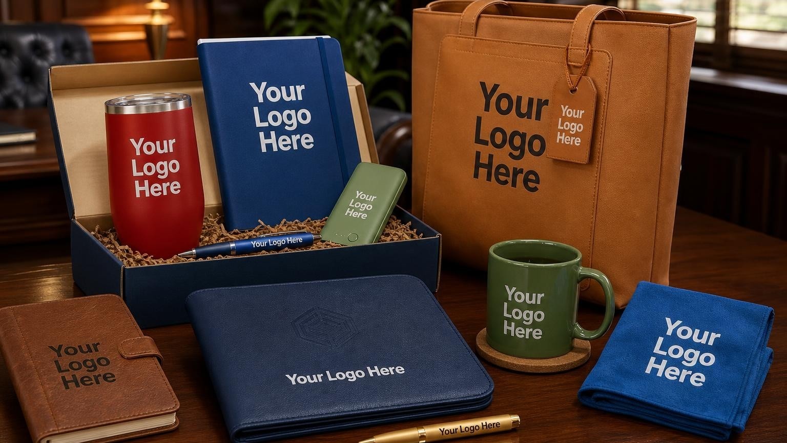 A high-end navy blue portfolio and brass pen on a mahogany desk in a wealth management office.