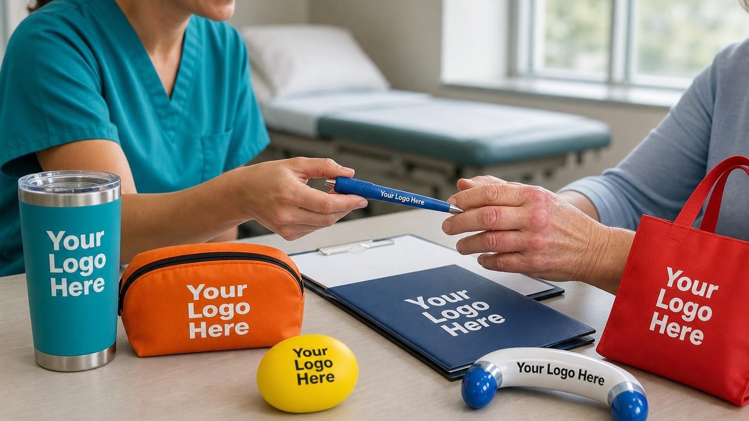 A wide-body ergonomic pen being handed to a patient in a rheumatology clinic exam room.