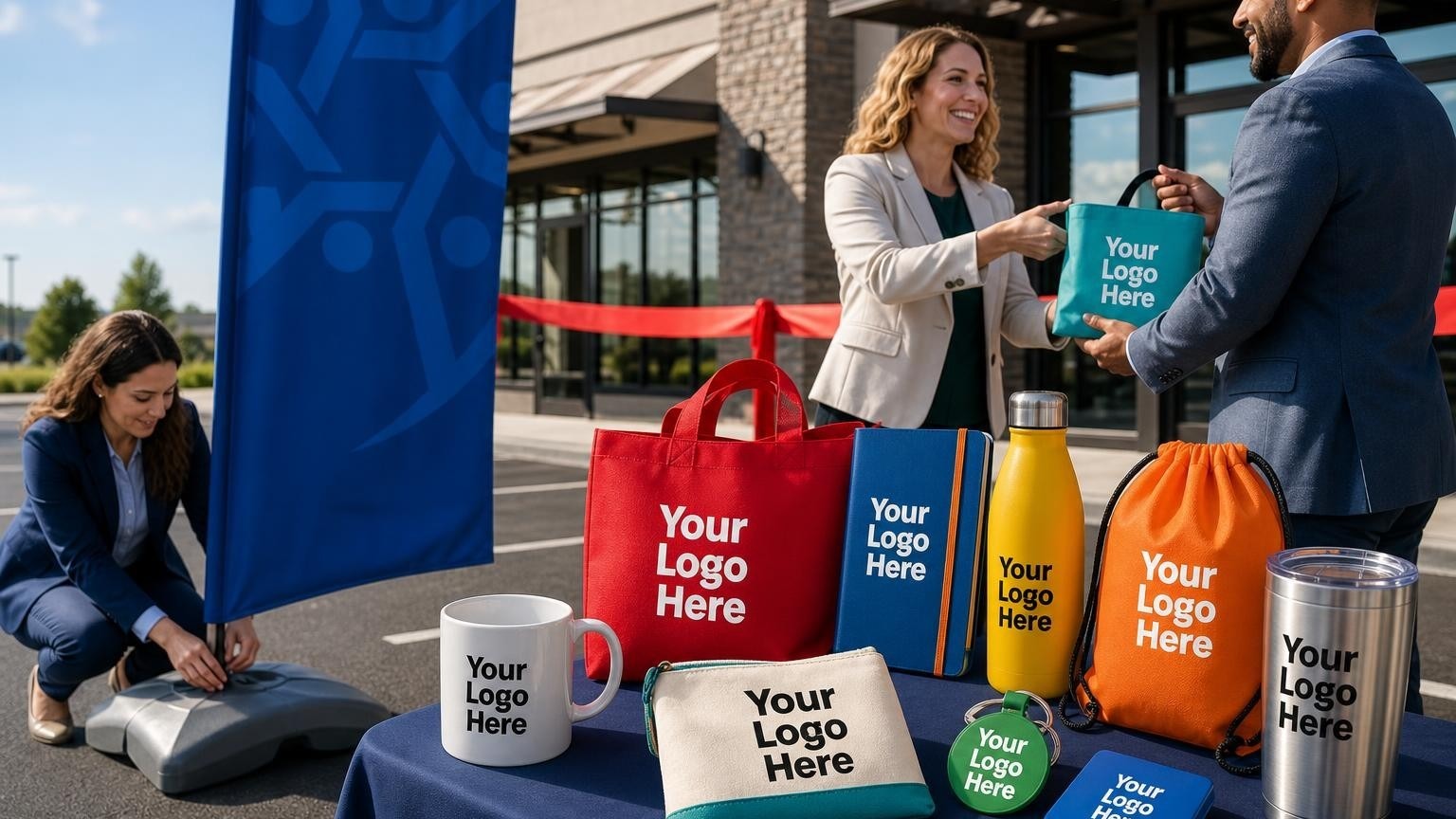 A Chamber of Commerce coordinator adjusting a professional promotional banner outside a newly opened storefront before a ribbon-cutting ceremony.