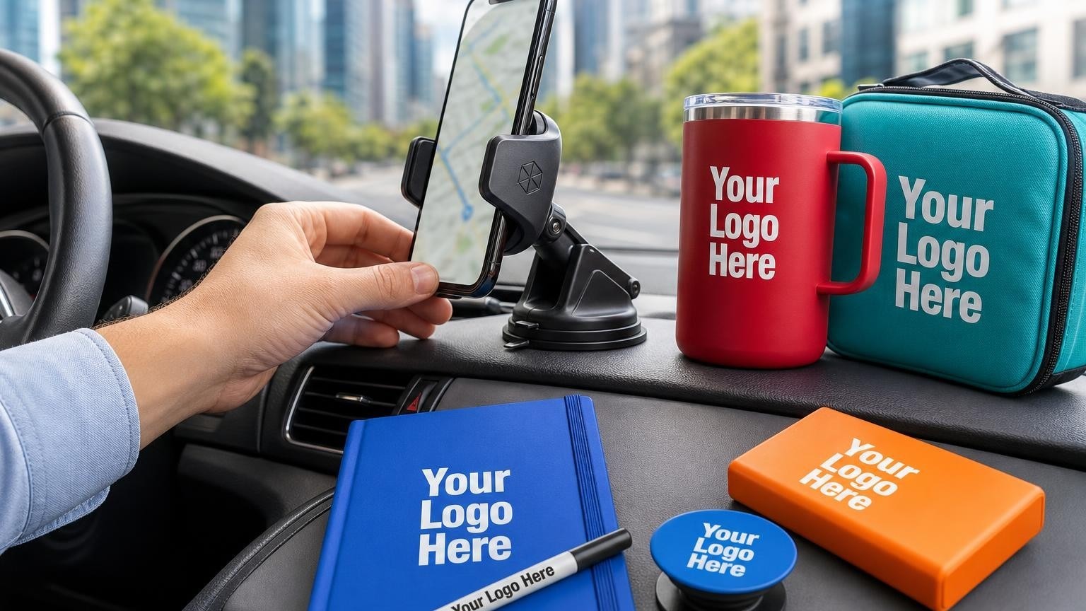 A professional driver adjusting a heavy-duty phone mount on a vehicle dashboard inside a clean rideshare cabin.