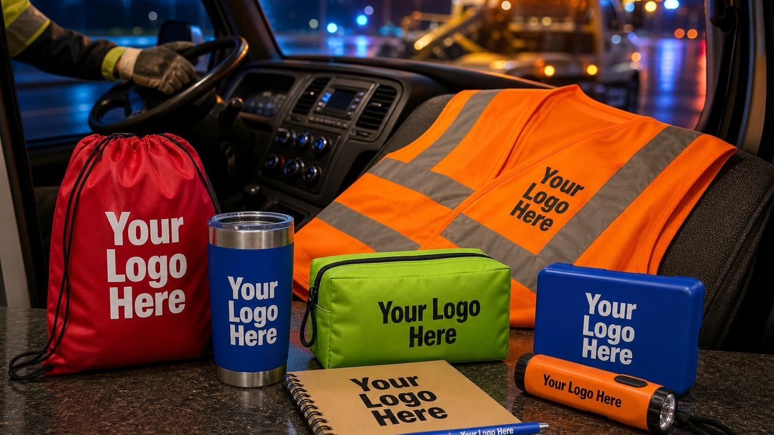 A high-visibility safety vest resting on the passenger seat of a tow truck cab at night.