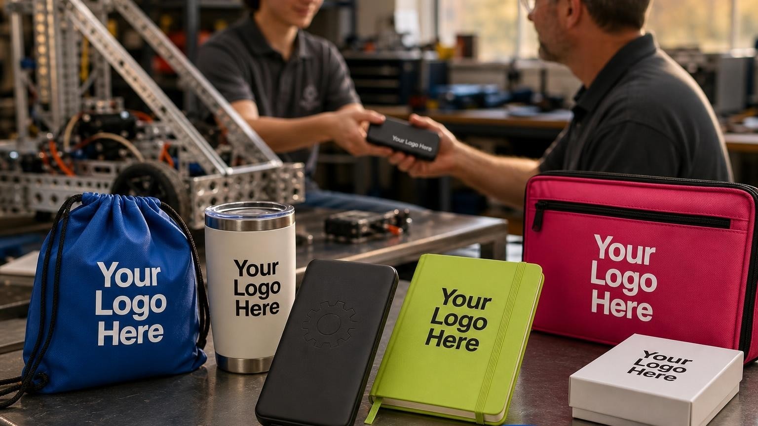 A custom branded power bank on a robotics workshop table with students and mentors working in the background.