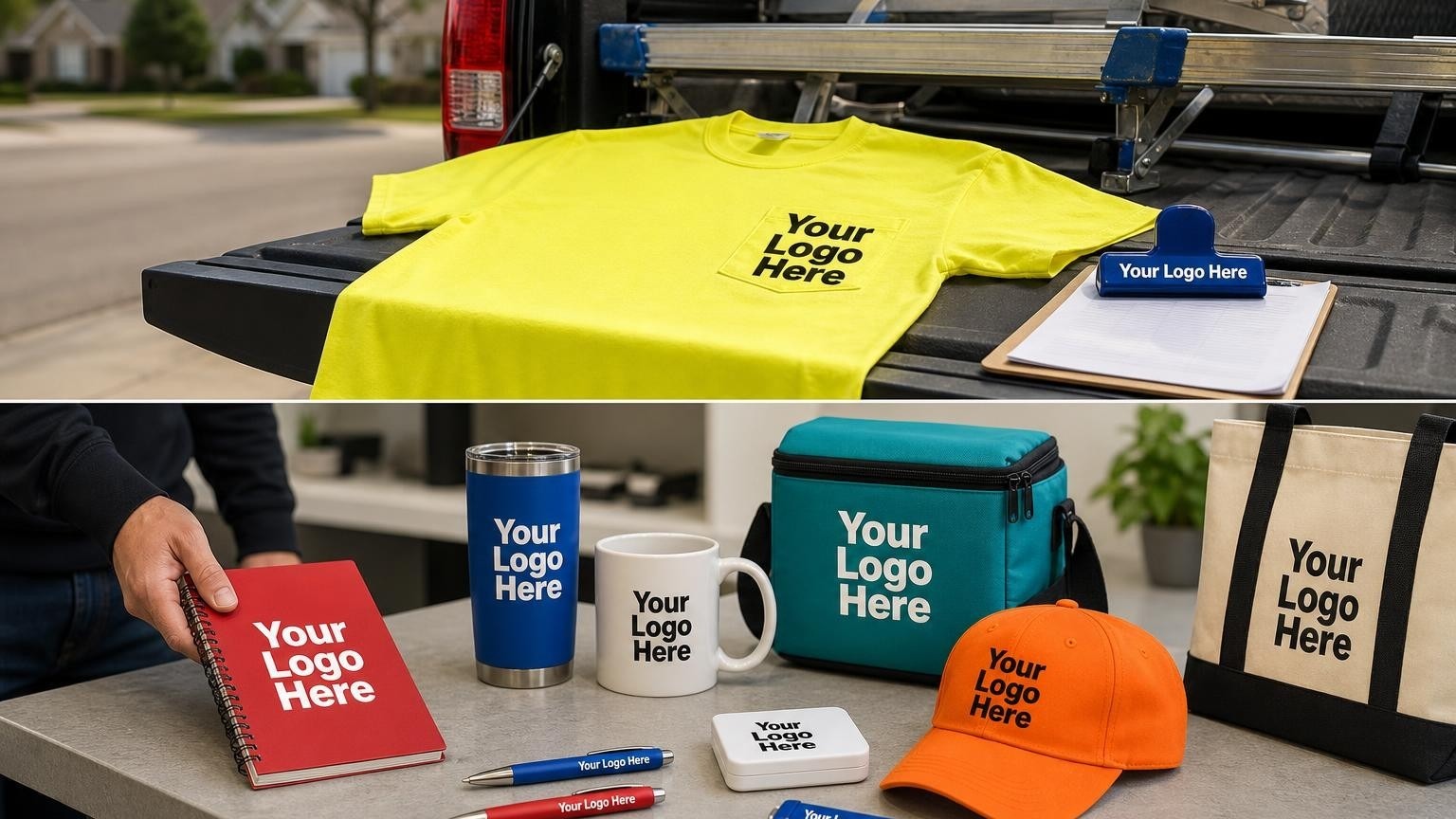 A custom high-visibility crew shirt and magnetic clip with a storm checklist on the tailgate of a roofing truck