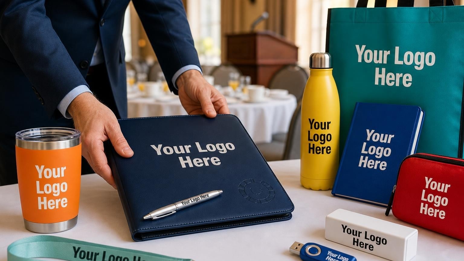 A high-end navy blue leather portfolio and polished silver pen set on a hotel banquet table prepared for a Rotary breakfast meeting.