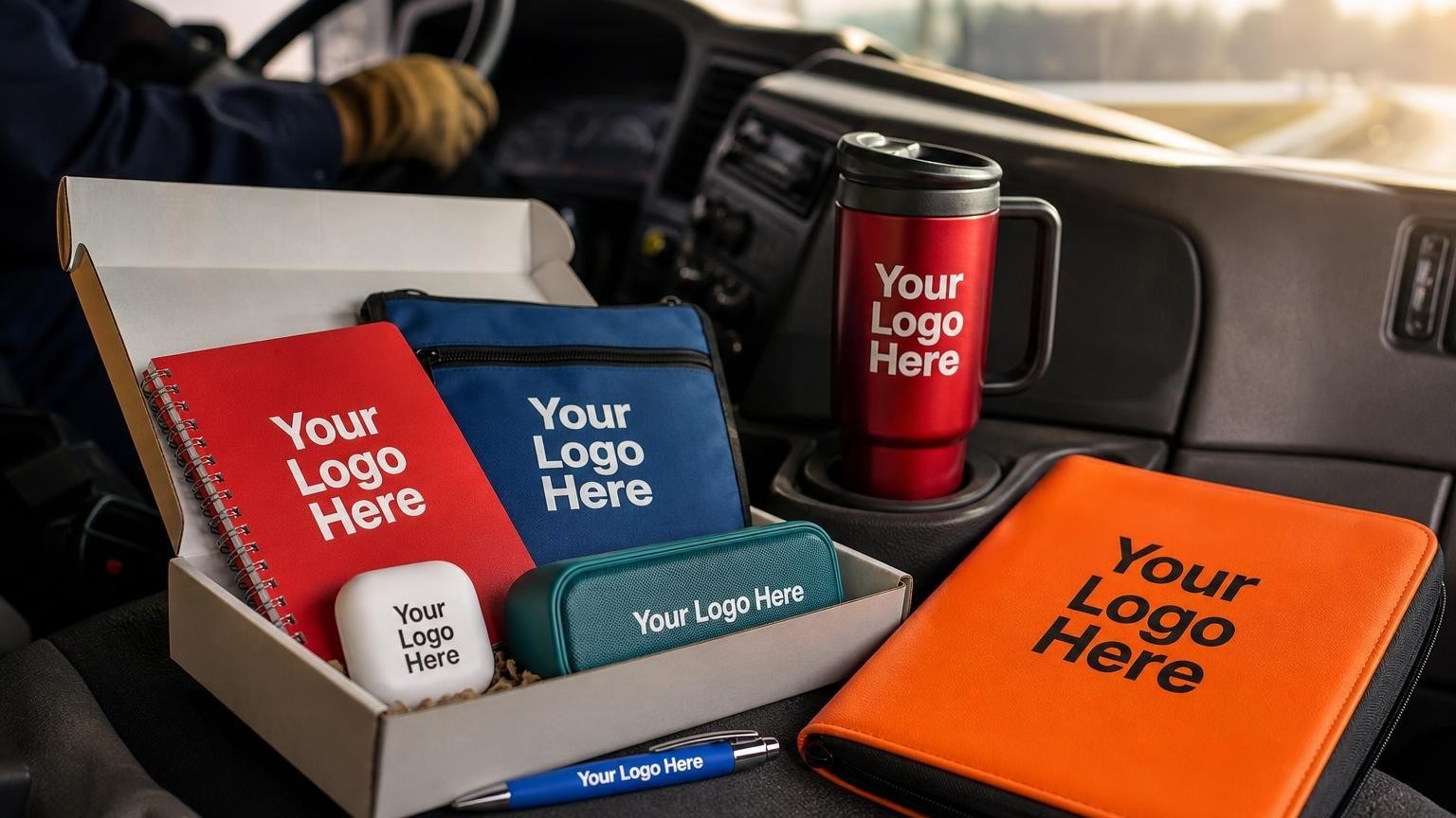 A high-quality custom insulated travel mug resting in a commercial truck cup holder during a morning delivery route.