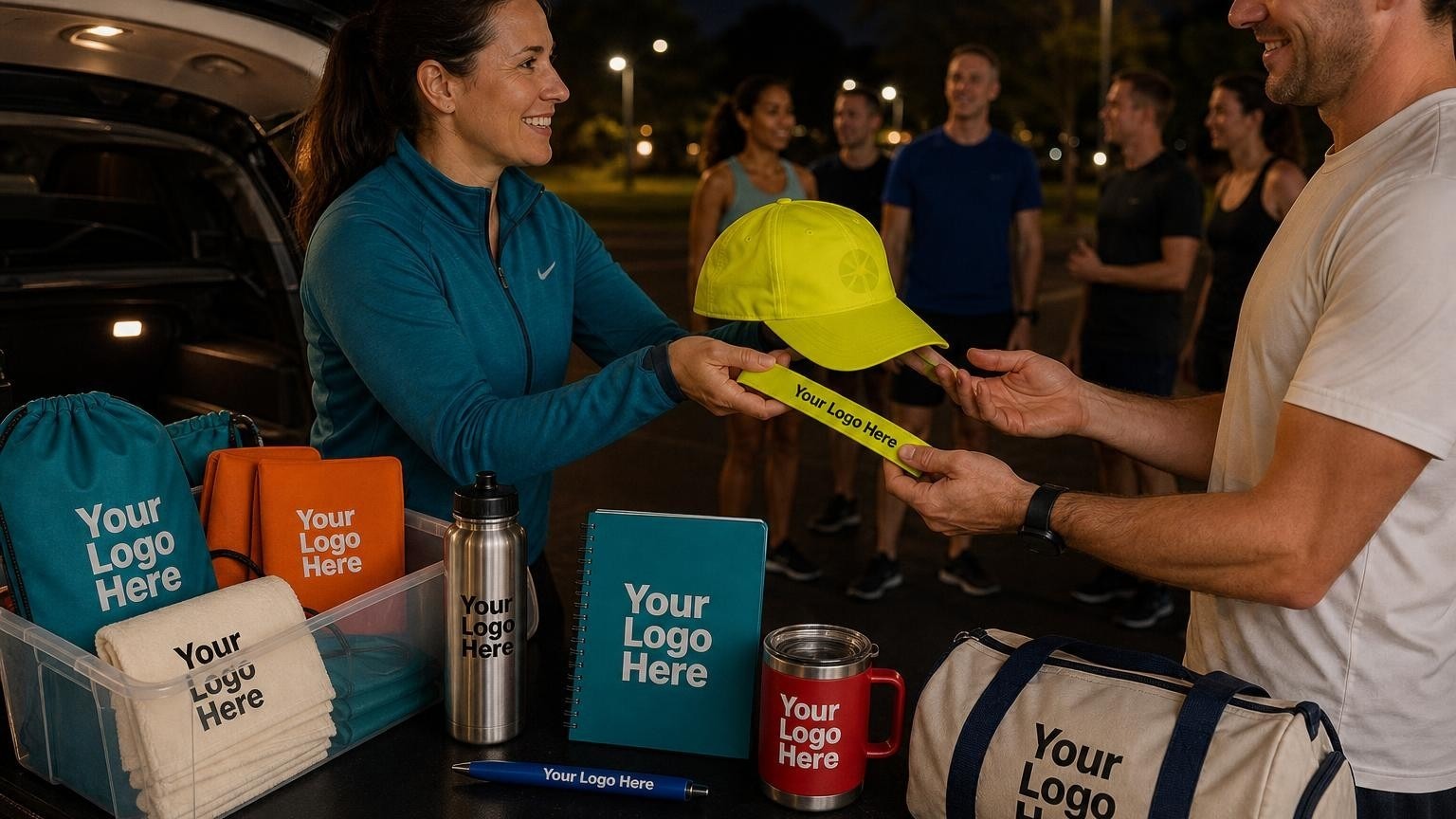 A custom neon yellow running cap and reflective slap band being handed to a runner from a storage bin in a dimly lit parking lot before an evening group run.