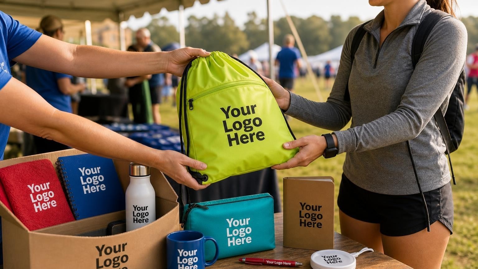 A custom neon green drawstring bag being handed to a runner at an outdoor race registration table.