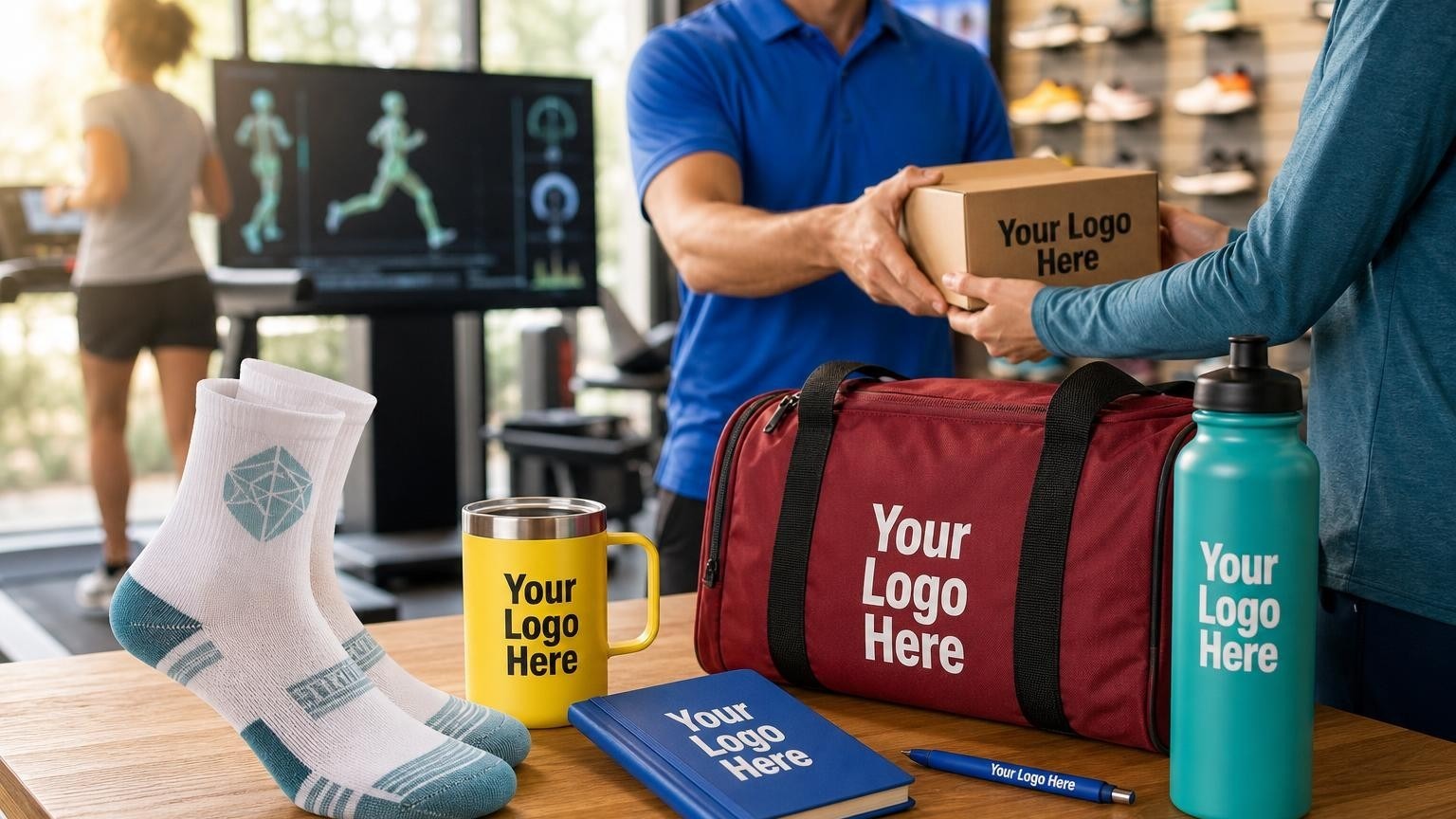 Custom technical running socks resting on a wooden fitting bench inside a specialty running store with a gait analysis treadmill blurred in the background.