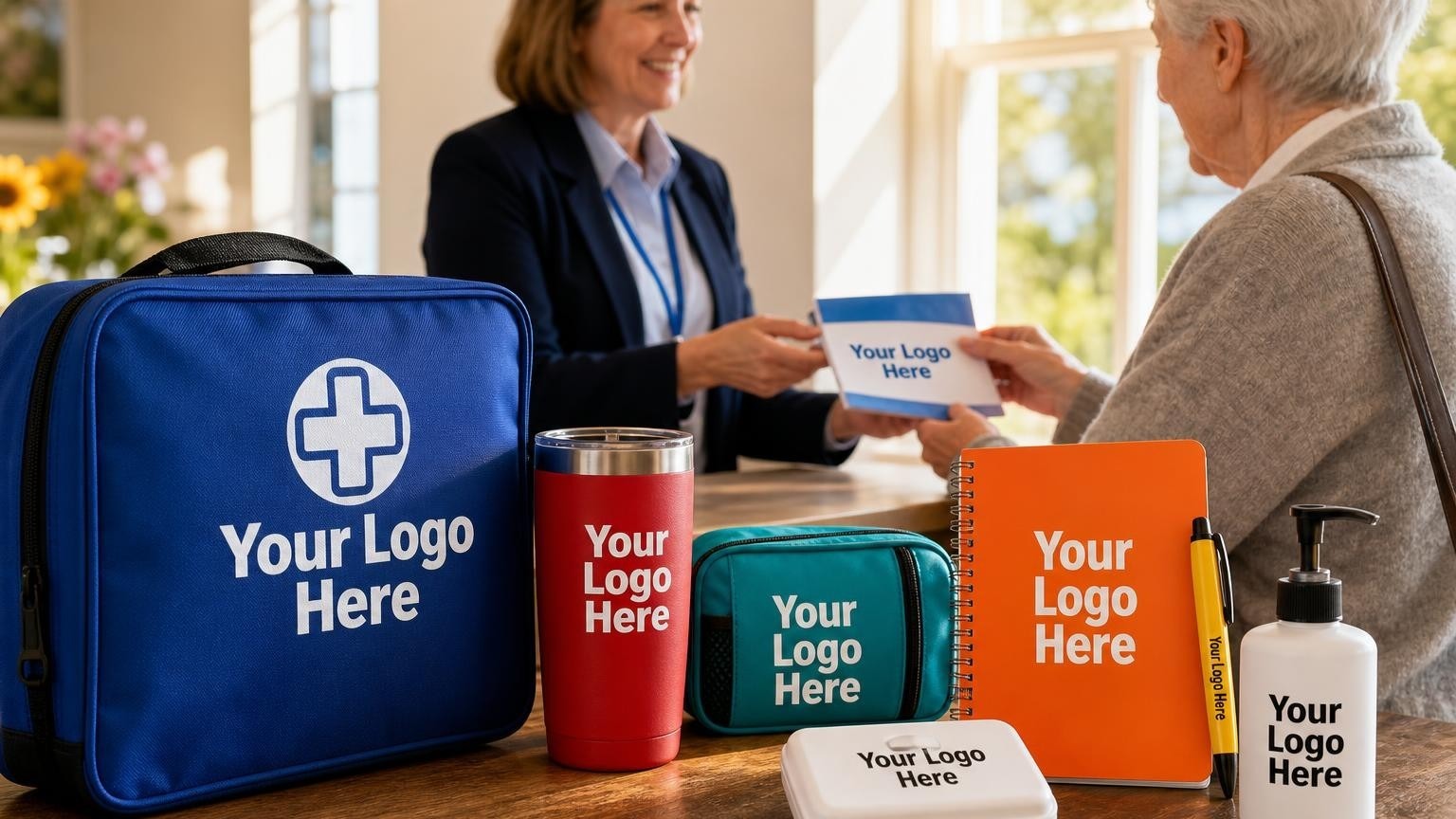 A custom-branded first-aid kit on a clinic counter with a director and patient in the background.