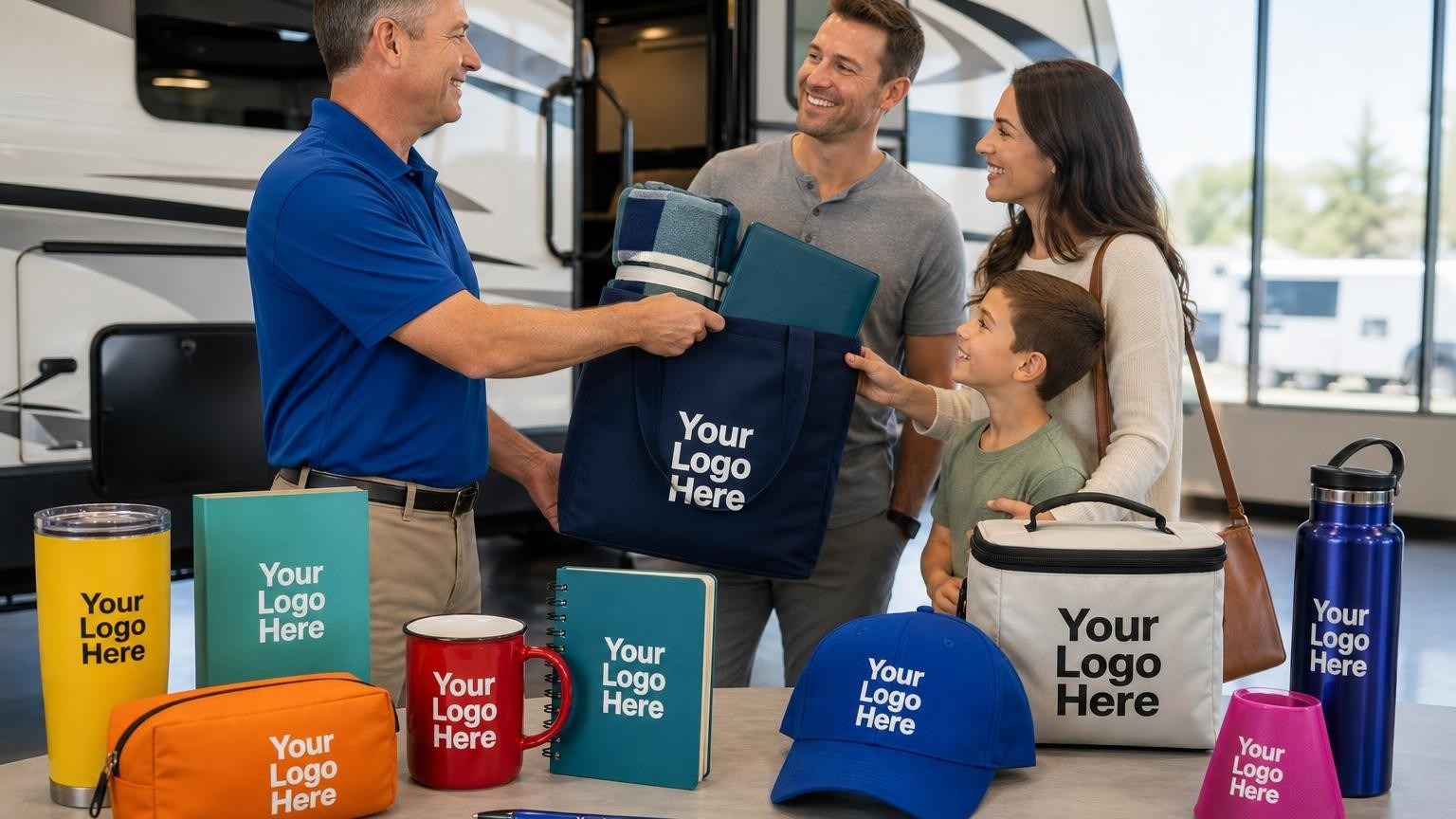 A custom canvas welcome tote filled with a rolled outdoor blanket and campground directory being handed to an RV buyer in a dealership delivery bay.