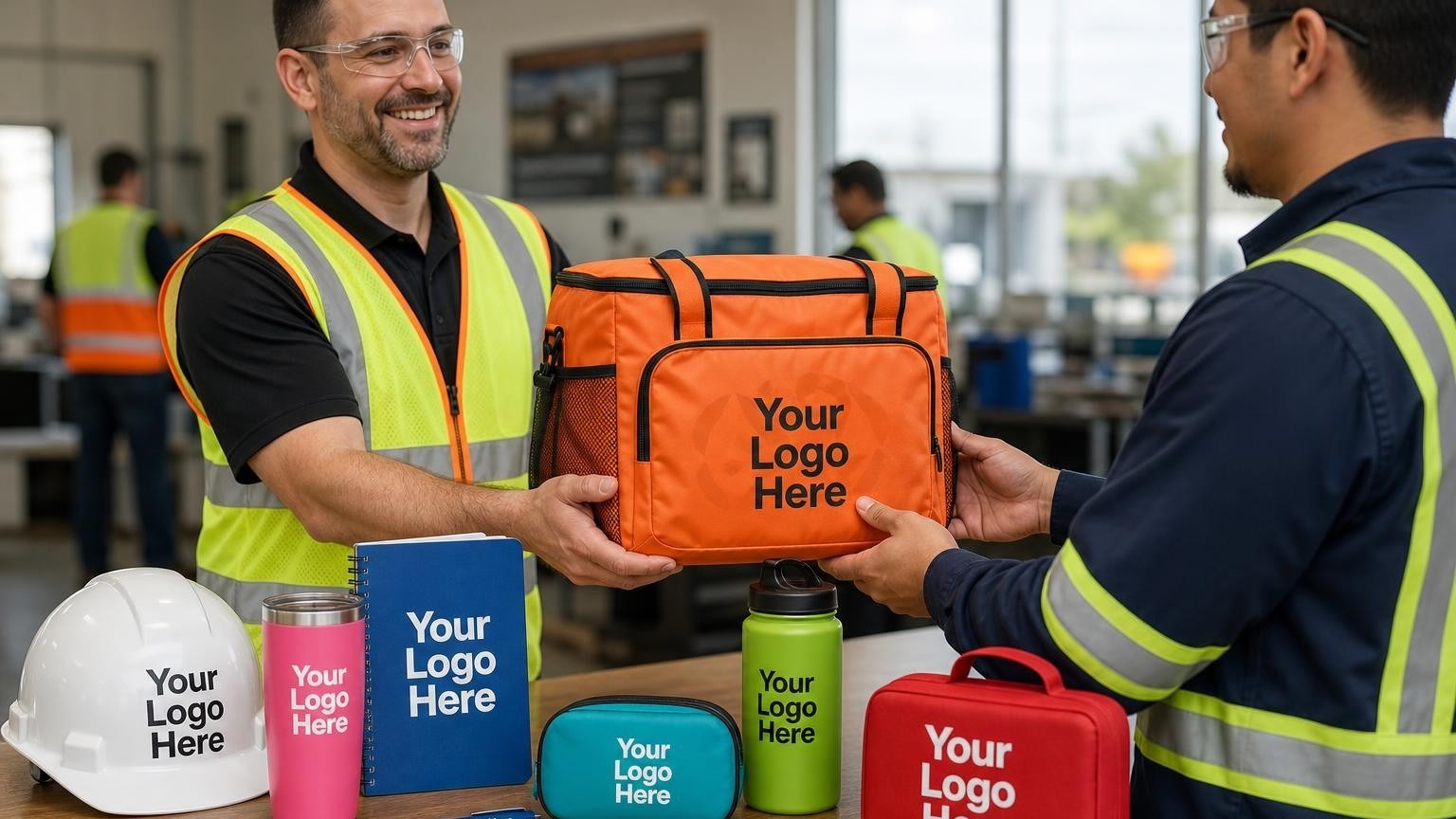 An EHS manager handing a custom high-visibility highway safety kit to an industrial worker in a training room.
