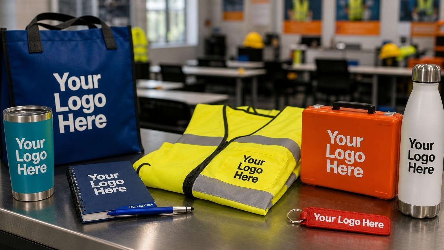 A high-visibility safety vest and custom first aid kit on a counter in a professional safety training center.