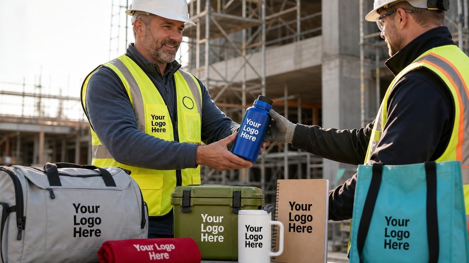 A scaffolding superintendent handing a custom thermal bottle to a general contractor's safety inspector on an active construction site.
