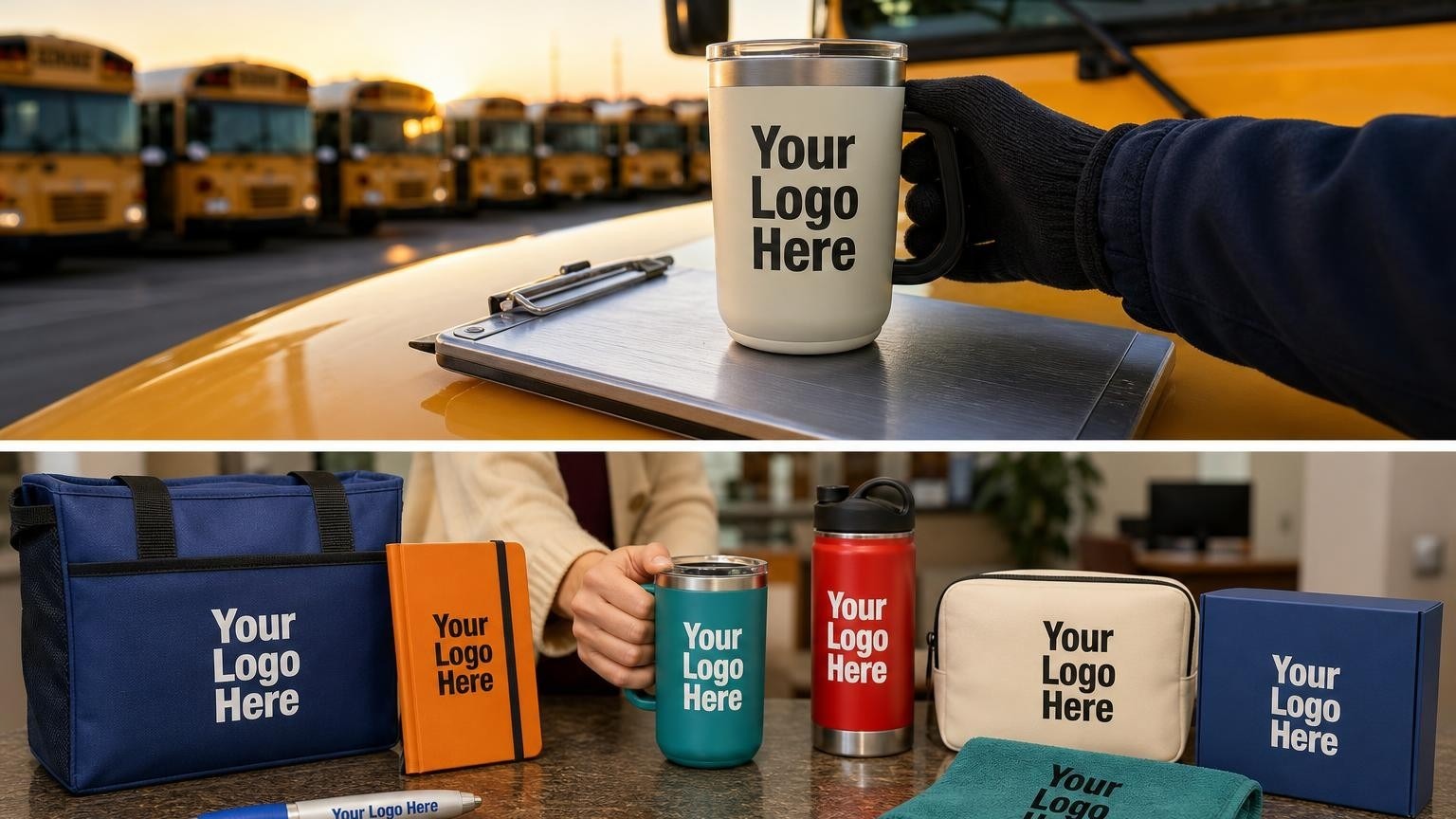 A custom insulated travel mug and aluminum clipboard on a school bus hood in a fleet yard at dawn.