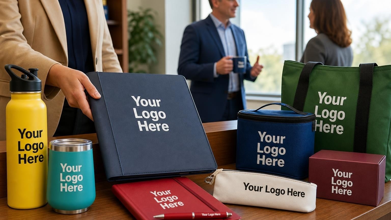 A professional navy blue padfolio and sleek metal pen on a school district finance office desk with a budget binder in the background.