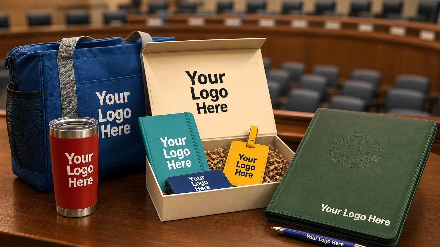 A professional faux-leather presentation padfolio and sleek metal pen resting on a wooden dais in a school board meeting room.