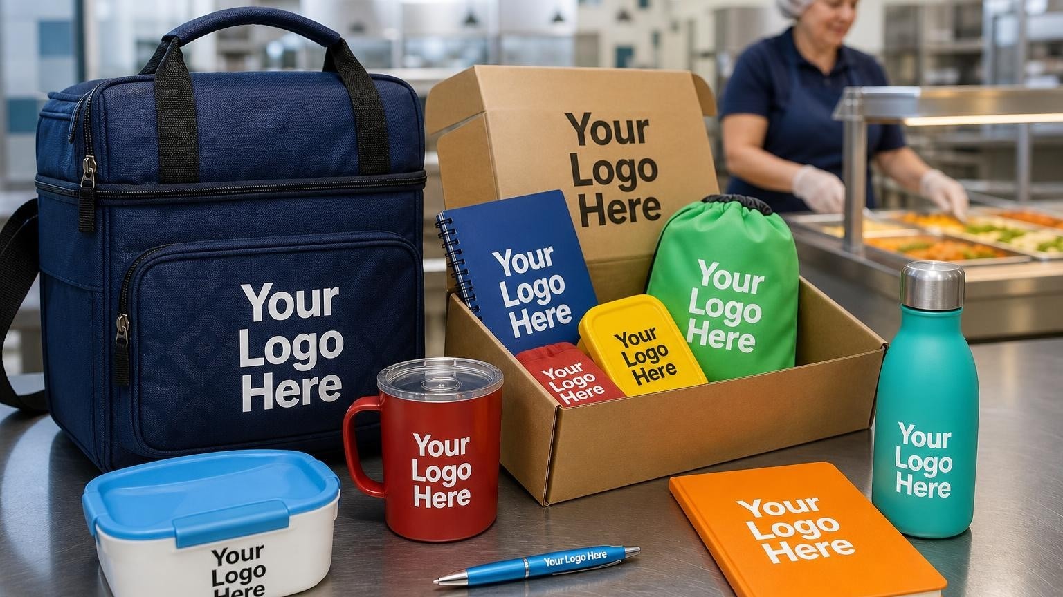 A custom-printed insulated meal transport bag on a stainless steel cafeteria prep table with a blurred kitchen background.