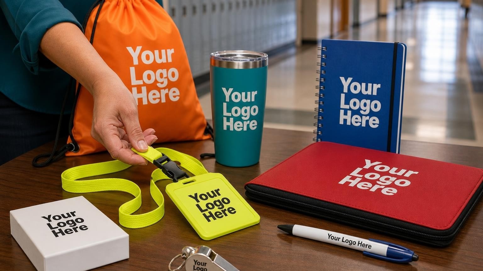 A high-visibility neon yellow breakaway lanyard and a silver whistle on a school desk with a blurred classroom hallway in the background.