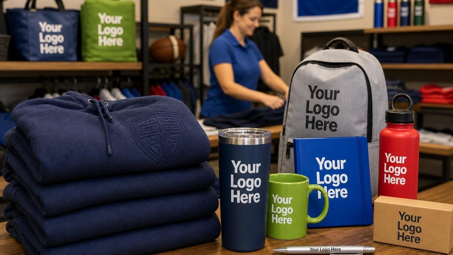 Custom school spirit hoodies and insulated tumblers arranged on a counter inside a school spirit store.