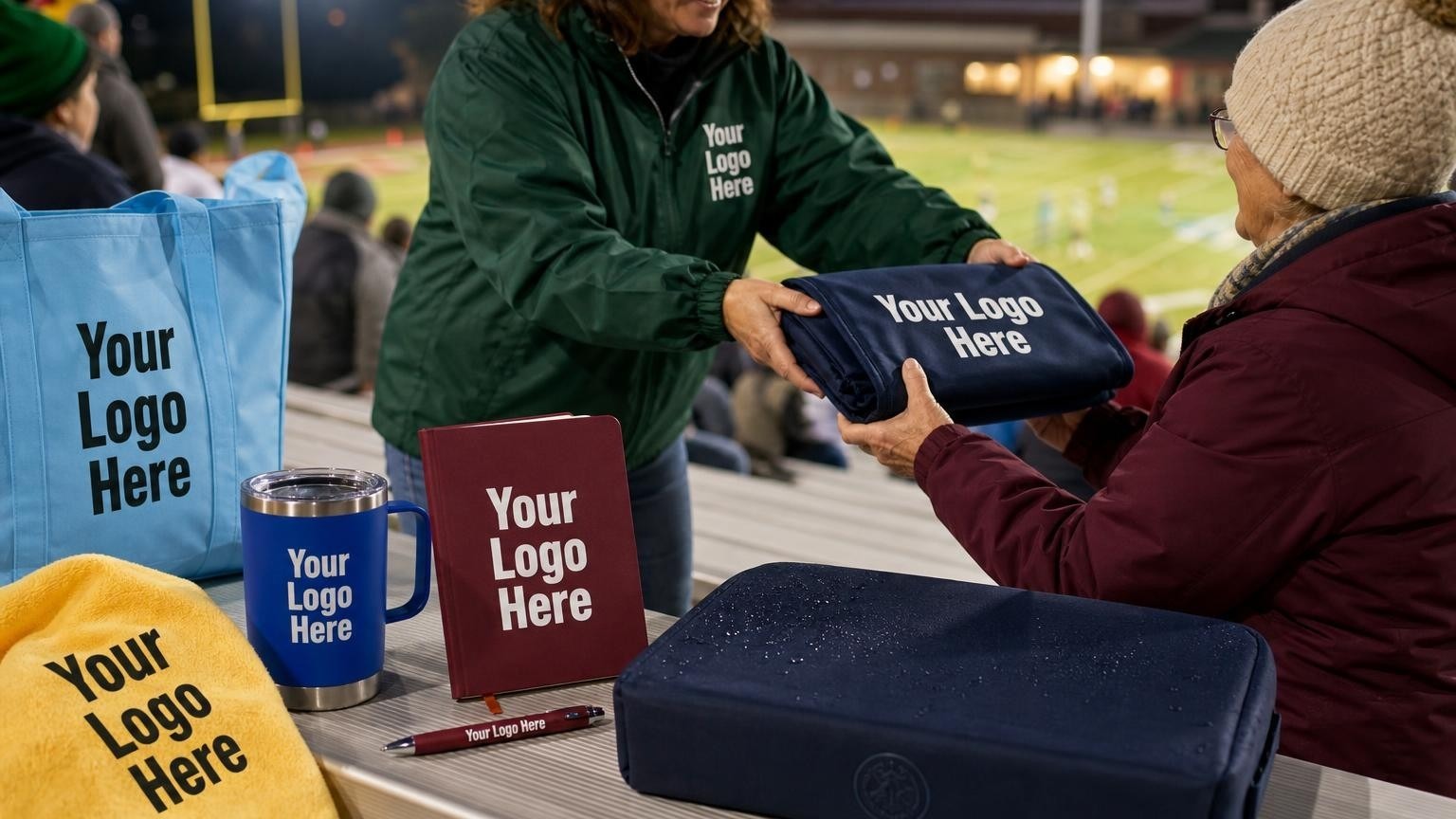 A custom water-resistant stadium cushion resting on metal bleachers during a high school football game, with a volunteer handing another cushion to a spectator in the blurred background.